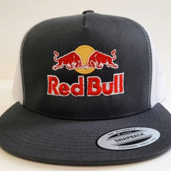 Red Bull Embroidered Flat Bill Snapback Mesh Hat Cap Gray Yupoong Trucker Racing main image 4